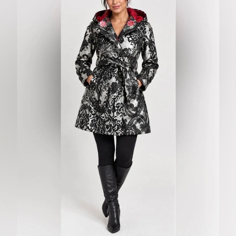 Desigual Black Textured Hooded Trench Coat Women Sz EU 40 Artsy Whimsigoth